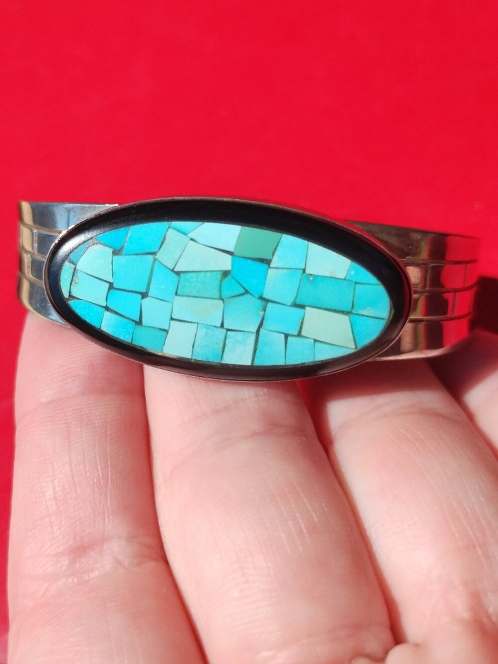 Jay King DTR Turquoise inlay black agate cuff bracelet 925 Sterling Silver - Picture 3 of 9